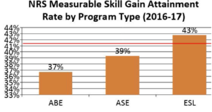 Measurable Skill Gain Attainment by Program Type:ABE 37% ASE 39% ESL 43%
