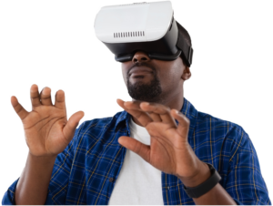 photo of a man wearing virtual reality glasses experiencing virtual reality