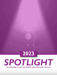 The cover of SPOTLIGHT 2023 features a purple graphic of a spotlight shining down