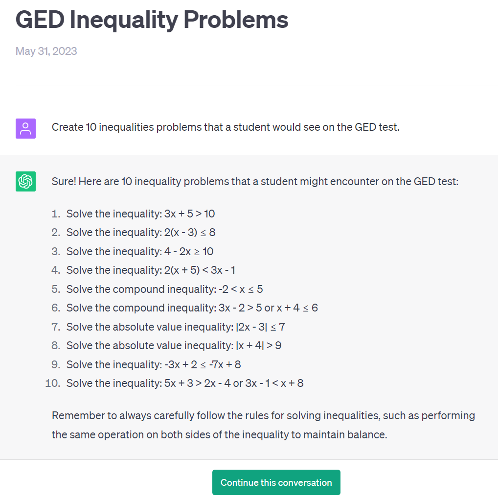 Screenshot of ChatGPT prompts for GED Inequality Problems