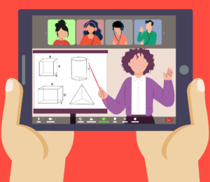 illustration of hands holding a tablet; the screen shows an online class in progress, with four student faces at the top of the screen while a teacher in the main window points to illustrations of cubes, a cylinder, and a pyramid