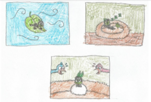 three hand-drawn and colored cartoon panels; the first shows Moffee floating on a leaf through the air; the second shows Moffee sleeping in a nest; the third shows Moffee sitting in a nest in the center of the panel, with a surprised bird face looking on from each side