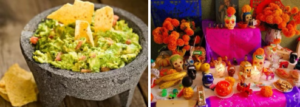 on left, a photo of a stone grinding bowl filled with fresh guacamole; on left, a photo of a Dia de Muertos altar with bright-colored cloth, orange marigolds, and food offerings including bananas and many small sugar skulls