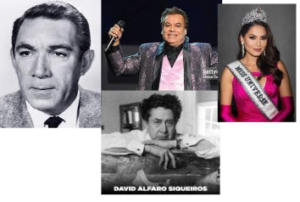 collage of photographs showing the faces of Anthony Quinn, Juan Gabriel El Divo de Juárez, David Alvaro Siqueiros, and Alma Andrea Meza Carmona