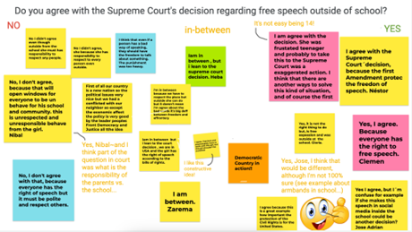 Jamboard example of students answering the question, 'Do you agree with the Supreme Court's decision regarding free speech outside of school?'