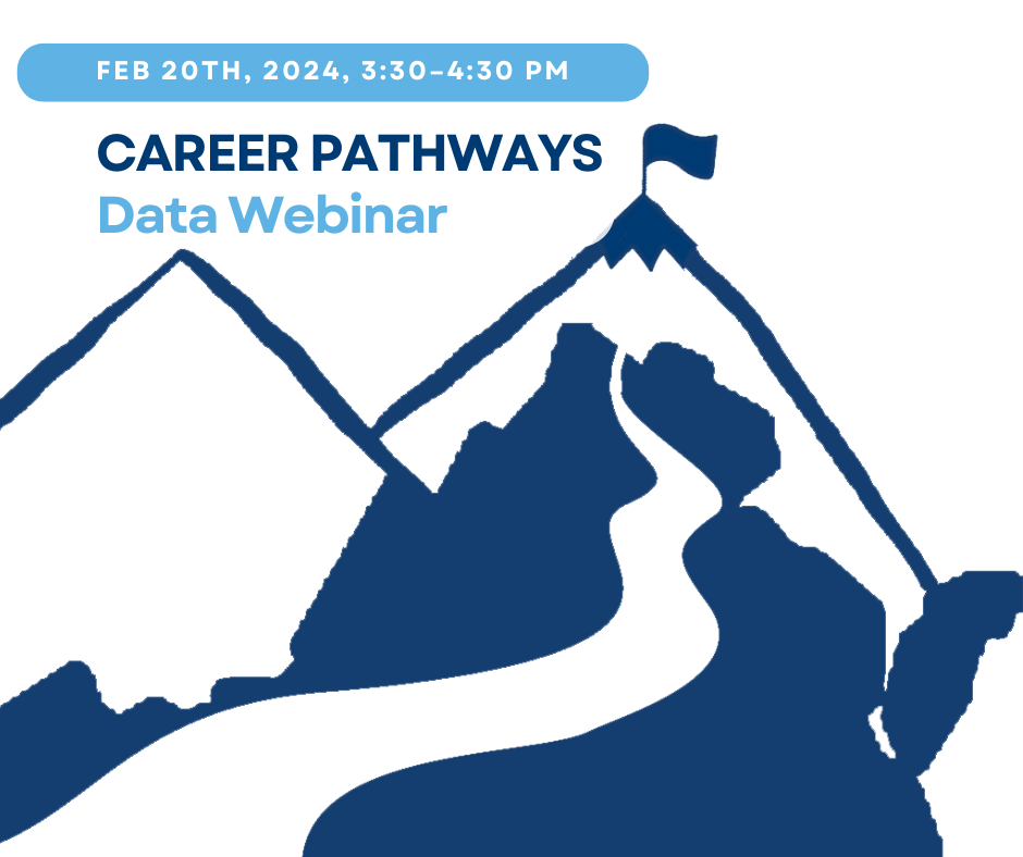 Pathway running through Virginia all the way to a mountain summit with title 'Career Pathways Data Webinar', Feb 20th, 3:30-4:30 pm