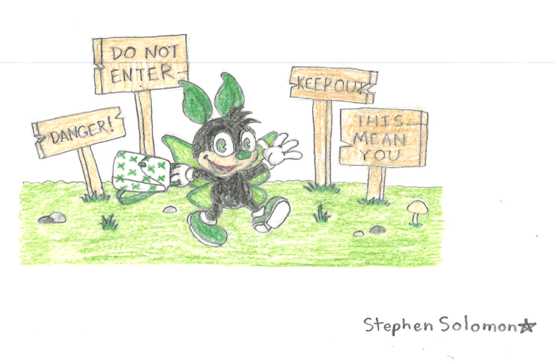image of hand-drawn Moffee Moth character. Moffee has bright green wings and antennae and smiles, swinging a satchel, as he strolls past wooden signs warning "Danger!" and "Do not enter!"