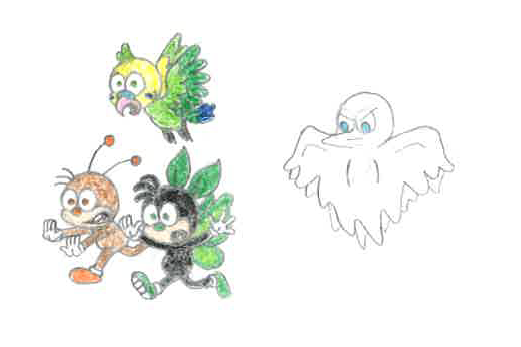 colored pencil drawing of Moffee, Sandlot, and Feathers, eyes wide in fear, fleeing a pointy-nosed ghost. Moffee is a black creature with green wings wearing green sneakers; Sandlot has two prominent tan antennae. Feathers, a yellow and green parakeet, flies above Moffee and Sandlot, just ahead of the stern-faced ghost.