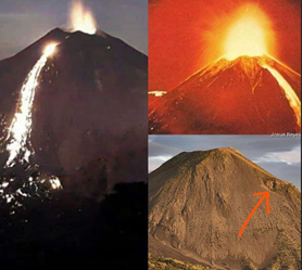 photo montage showing an erupting volcano