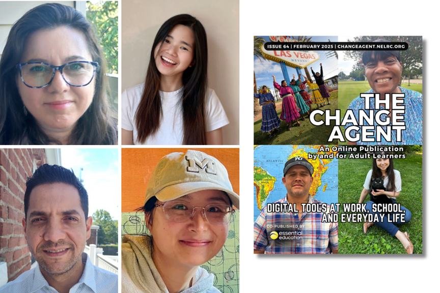a cluster of photographs shows head shots of four smiling adults, along with the colorful cover of an issue of The Change Agent